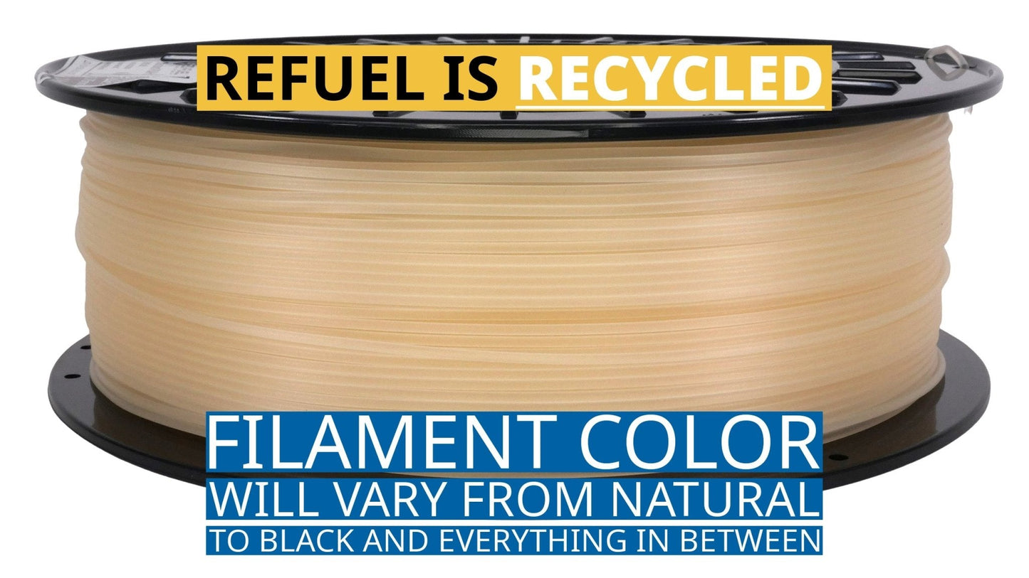 Spool of filament with text about recycling and color variation on a white background