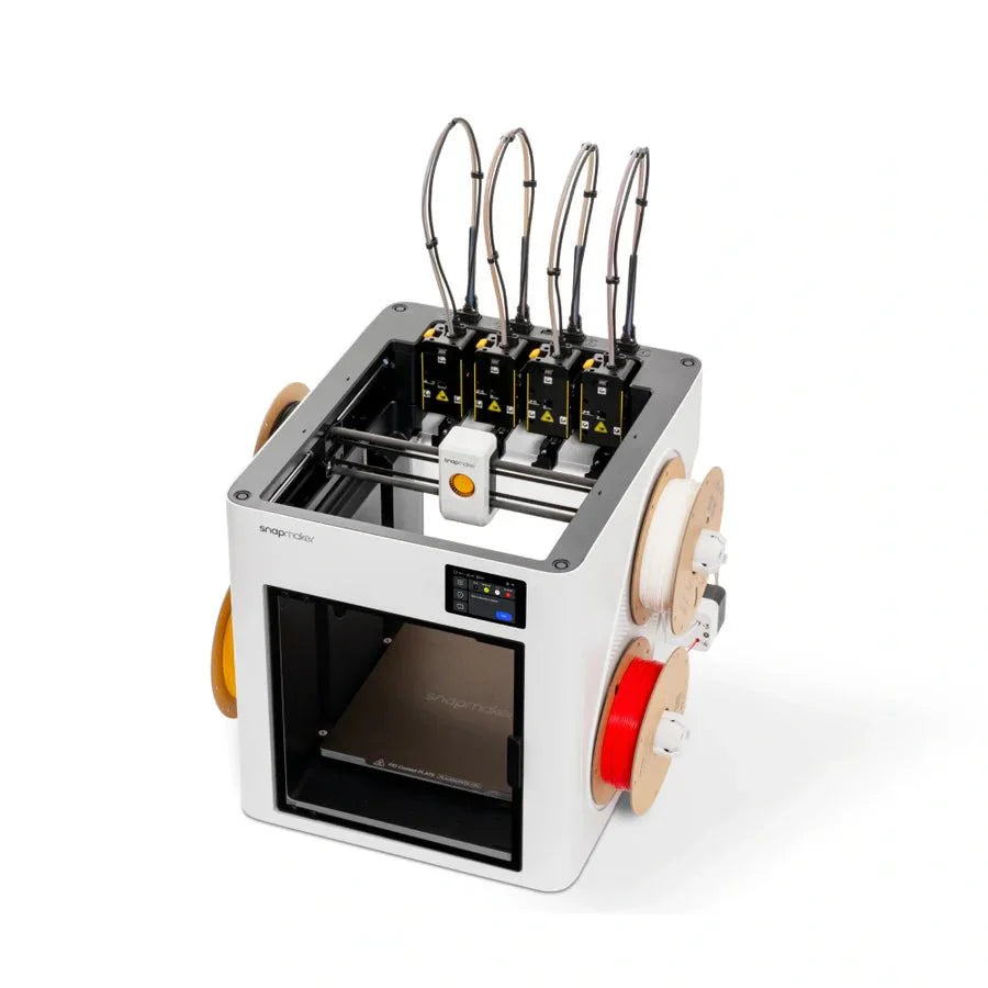 3D printer with multiple nozzles on a white background