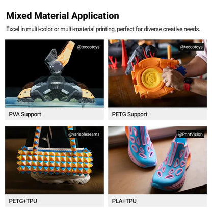 Collage of 3D printed items with PVA, PETG, and PLA+TPU support materials.