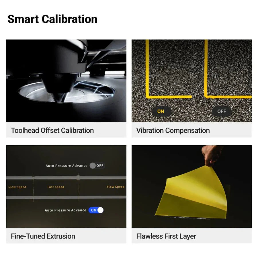 Smart calibration features with toolhead offset calibration, vibration compensation, auto pressure advance, fine-tuned extrusion, and flawless first layer.