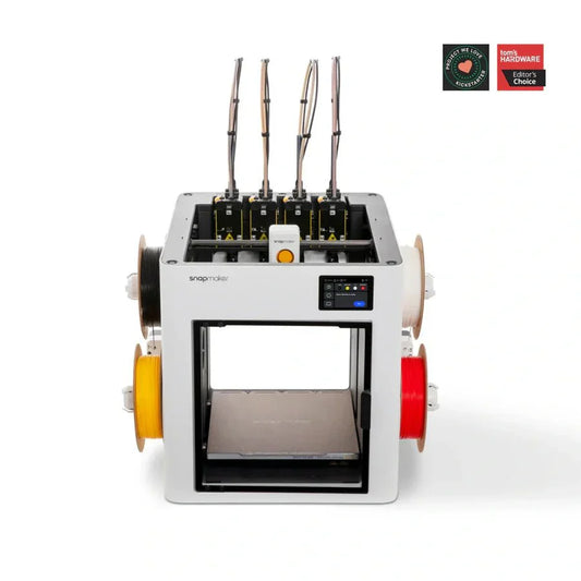 3D printer with colorful spools on a white background, featuring Snapmaker branding.
