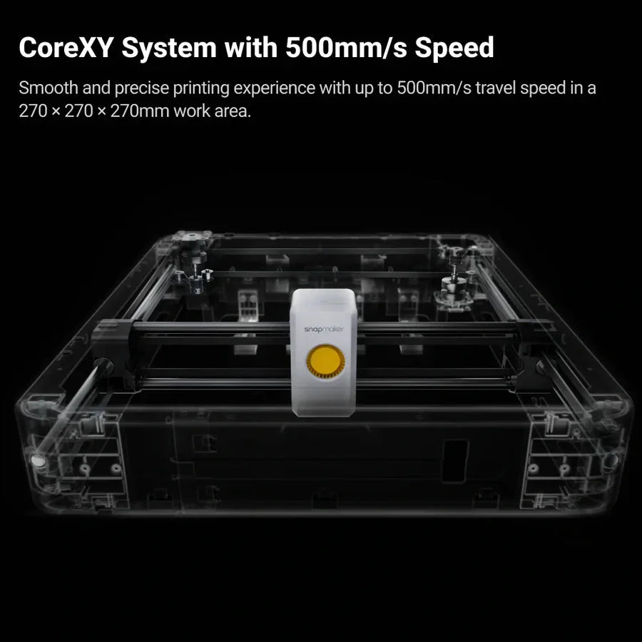 3D printer with CoreXY system and 500mm/s speed text on a black background