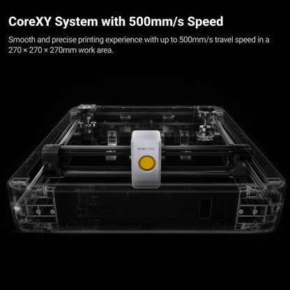 3D printer with CoreXY system and 500mm/s speed text on a black background