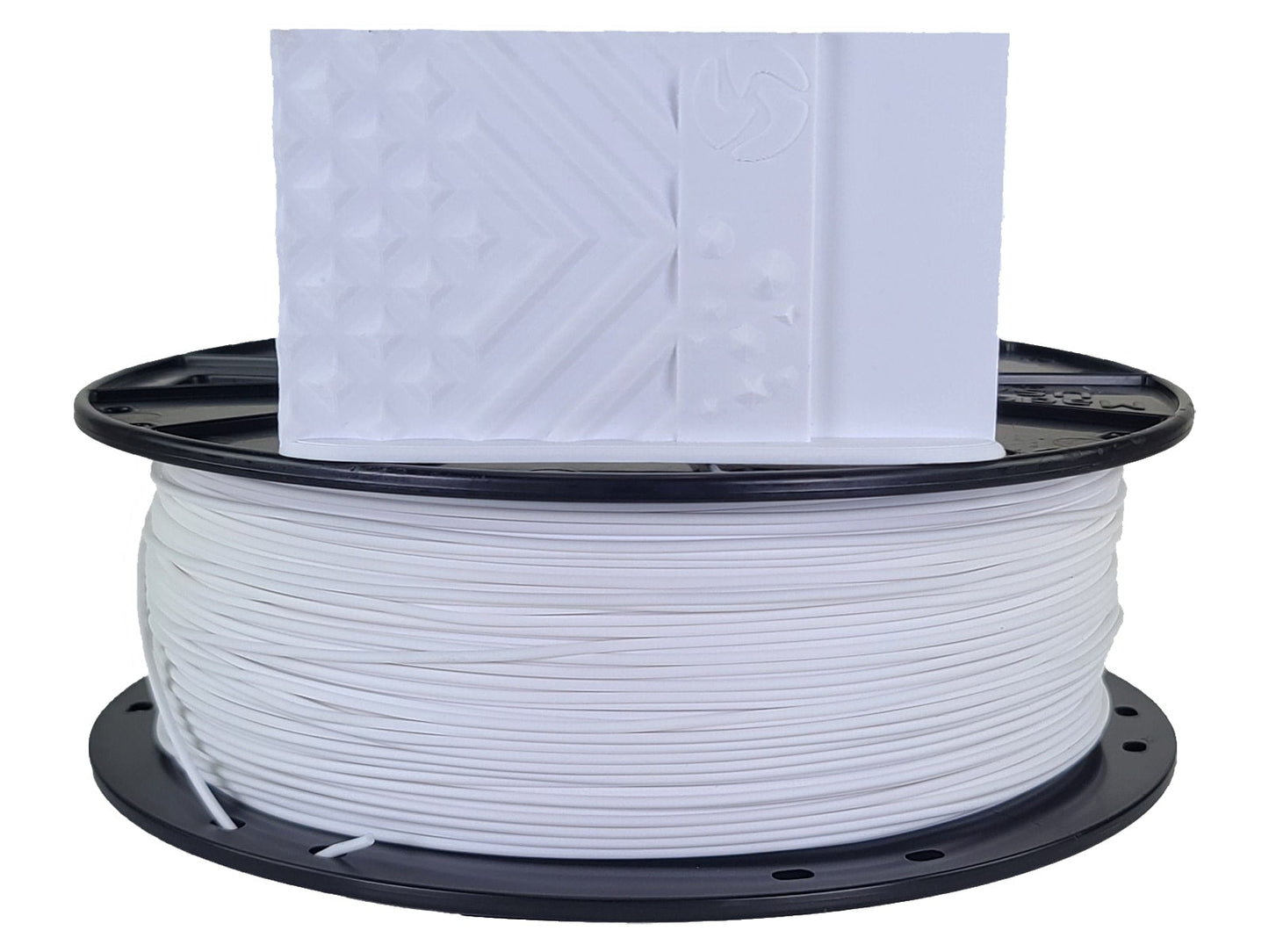 Spool of white filament on a black reel with a white background