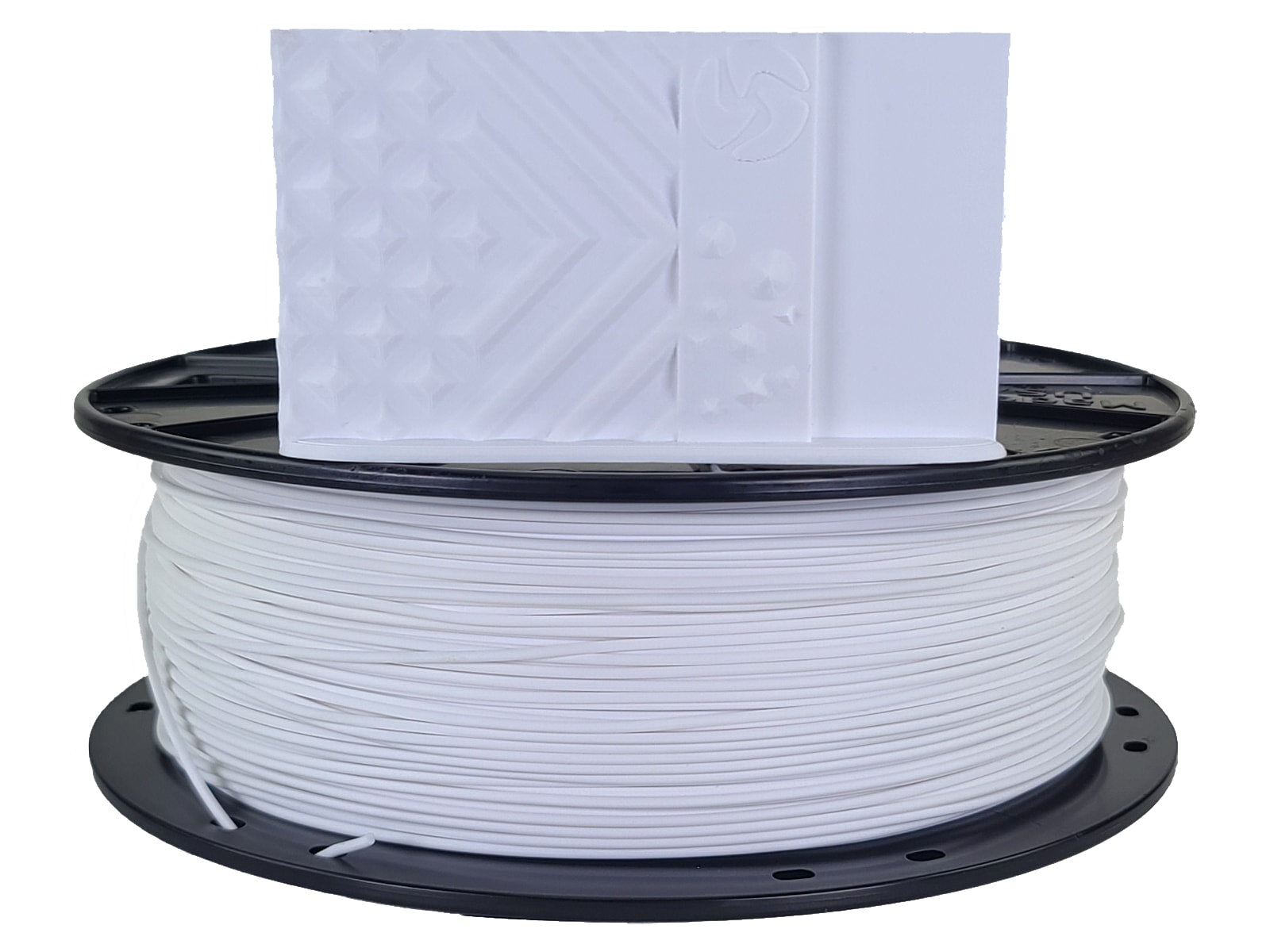 Spool of white filament on a black reel with a white background