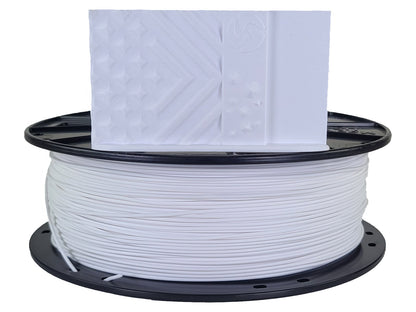 Spool of white filament on a black reel with a white background