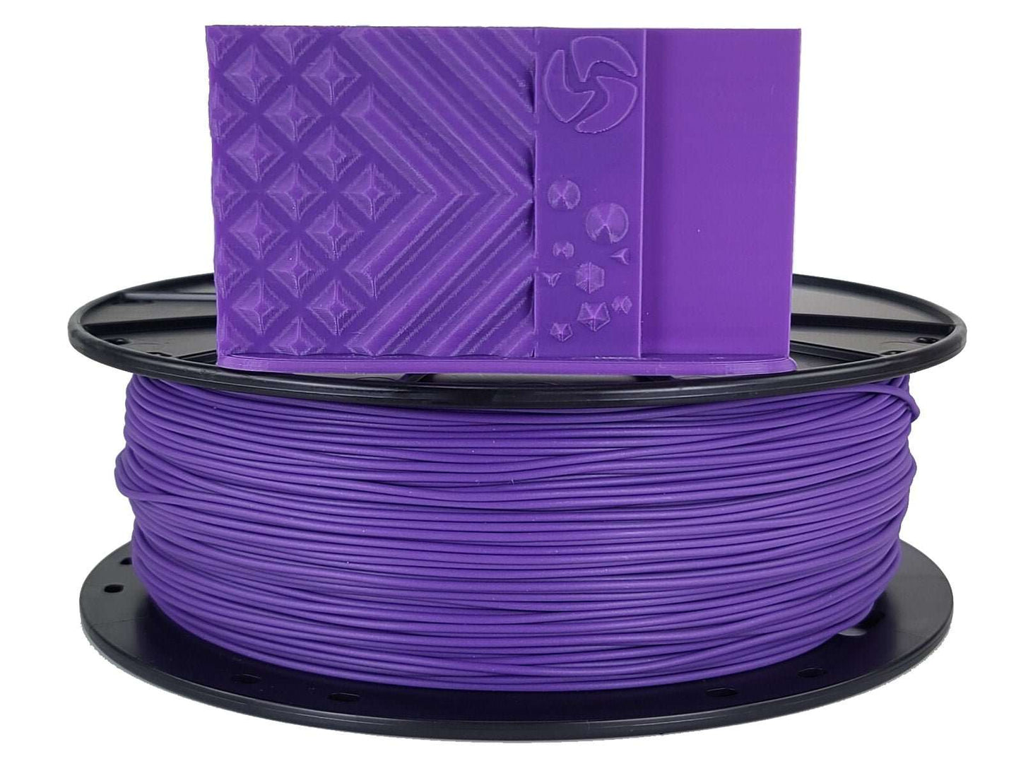 Spool of purple 3D printing filament with a branded box on top