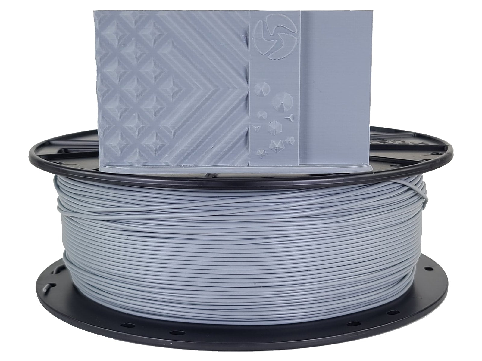 Spool of gray filament with a 3D printer nozzle on a white background