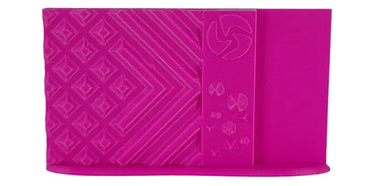 Pink textured product with geometric patterns on a white background