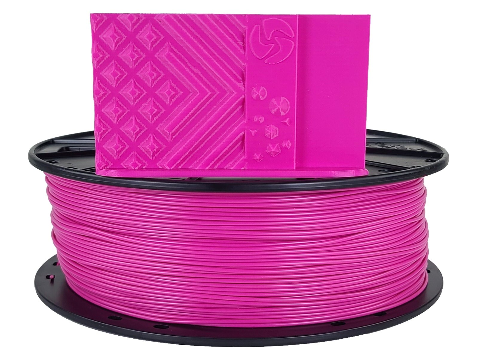 Spool of pink 3D printing filament with a label on a white background