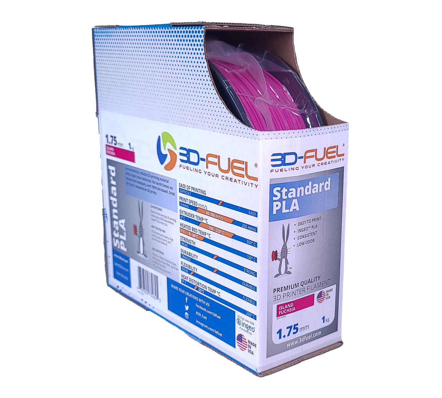 Box of 3D-Fuel Standard PLA filament with pink spools on a white background