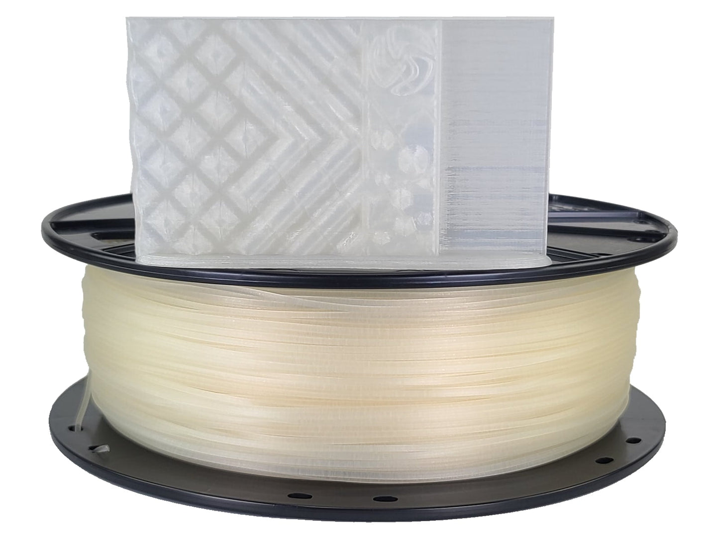 Spool of filament with a clear bag on a white background