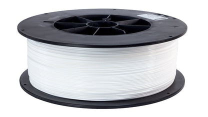 Spool of white filament on a black plastic base with a white background