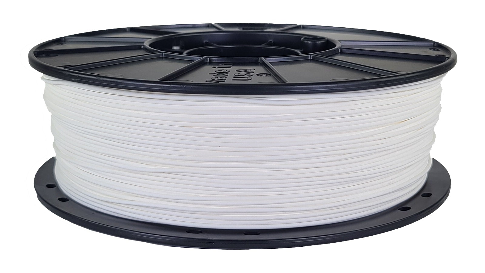 Spool of white filament on a black reel with visible branding.