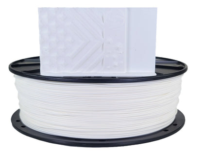 Spool of white filament with a piece of paper on top against a white background